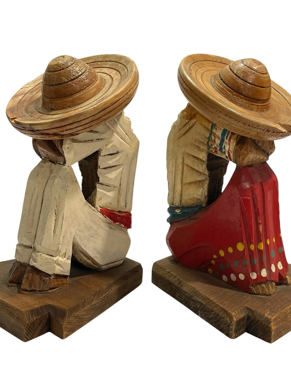 Vintage 1950s Hand Carved Mexican Folk Art Siesta Sombrero Couple Wooden Bookend